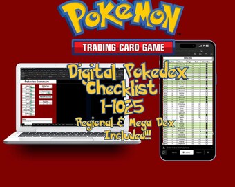 Pokemon Sammelkartenspiel | Komplett 1-1025 | Digitales Pokedex Set Checklist Tabelle Log PC & IPhone/Andriod Unterstützung (nur Excel)