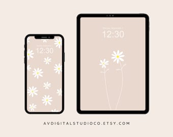 2 Pack Daisies Phone & Tablet Wallpaper - Home Screen - Lock screen - Neutral - Minimal - Digital Download
