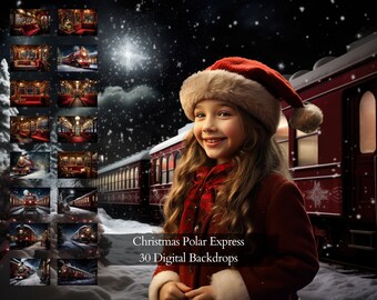 30 Christmas Polar Express Digital Backdrops, Digital Christmas Bundle, Christmas Backgrounds For Family Photography, Christmas Express JPG