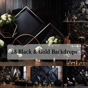 May include: 28 Black & Gold Backdrops. A collection of backdrops featuring geometric shapes, candles, and floral arrangements in black and gold.