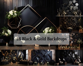 Black and Gold Digital Backdrops, 28 Fine Art Maternity Backgrounds, Modern Geometry Minimalistic Photoshop Overlays, Dark Room Backgrounds