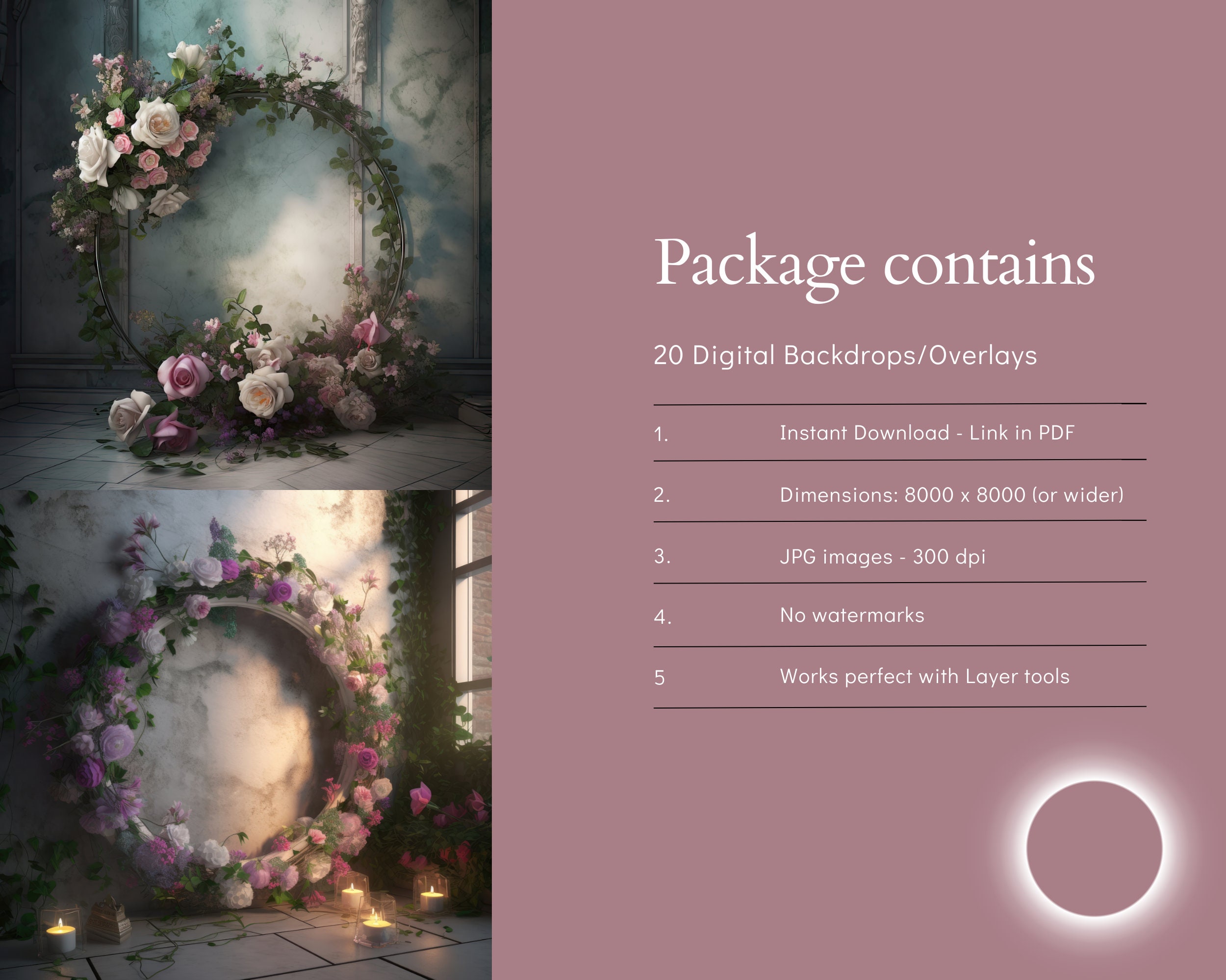 20 Pink Floral Ring Digital Backdrops, Wedding, Maternity (JPG Files ...