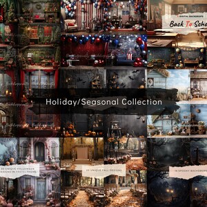 May include: A collage of digital backdrops for photography, featuring a variety of themes, including back to school, Halloween, fall, and spooky. The collage includes images of classrooms, pumpkins, leaves, and spooky trees.