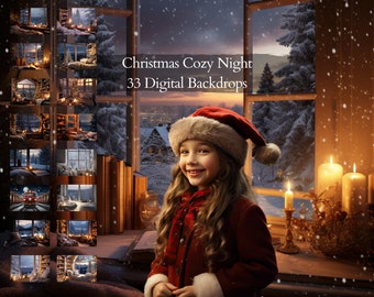 Christmas Cozy Night Digital Backdrops, Family Photography Overlays (33 JPG Files)