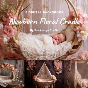 8 x Newborn Digital Backdrops, Floral Baby Cradle Backgrounds, Sakura Crib, Newborn Photography for Baby Girl, Floral Princess Bed Overlay