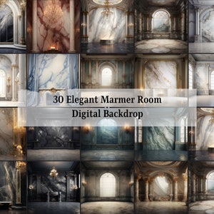 Puede incluir: Una cuadrícula de 30 fondos digitales que presentan elegantes habitaciones de mármol. Cada habitación muestra patrones de mármol únicos, detalles arquitectónicos e iluminación. El texto "30 Elegant Marmer Room Digital Backdrop" está presente.