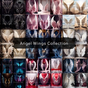 May include: A collection of 36 digital backgrounds featuring angel wings in various colors and styles. The wings are set against different backgrounds, including a dark room, a beach, and a room with a red carpet. The text "Angel Wings Collection" is displayed in the center of the image.