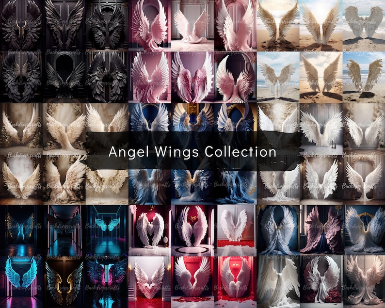 May include: A collection of 36 digital backgrounds featuring angel wings in various colors and styles. The wings are set against different backgrounds, including a dark room, a beach, and a room with a red carpet. The text "Angel Wings Collection" is displayed in the center of the image.