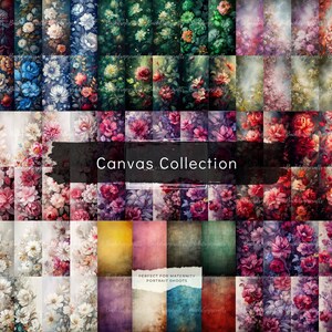 May include: A collection of 36 digital floral backgrounds for photography. The backgrounds feature various floral patterns in shades of pink, red, white, blue, and green. The text "Canvas Collection" and "Perfect for Maternity Portrait Shoots" is included in the image.