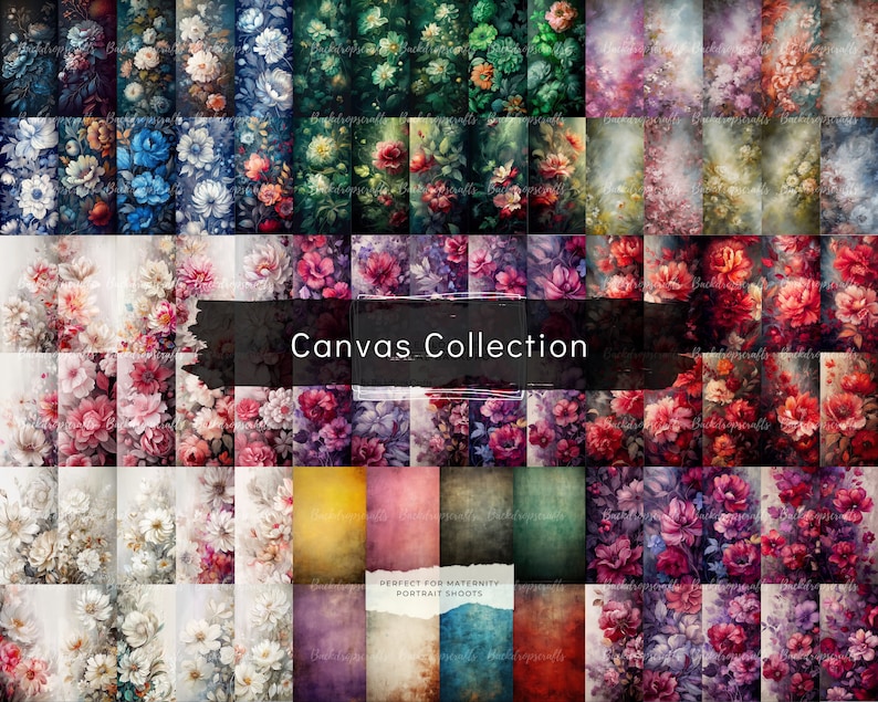 May include: A collection of 36 digital floral backgrounds for photography. The backgrounds feature various floral patterns in shades of pink, red, white, blue, and green. The text "Canvas Collection" and "Perfect for Maternity Portrait Shoots" is included in the image.