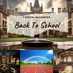 Pode incluir: Uma colagem de imagens que retratam um campus universitário. A imagem superior mostra um pátio com uma fonte e um grande edifício ao fundo. O texto "8 DIGITAL BACKDROPS Back To School University" está sobreposto à imagem. A imagem inferior esquerda mostra um edifício à noite com uma fonte em primeiro plano. A imagem inferior direita mostra uma sala de aula com fileiras de bancos de madeira. A imagem inferior central mostra uma pista de atletismo com um arco-íris no céu.