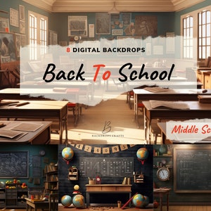 May include: Eight digital backdrops featuring a vintage middle school classroom with wooden desks, blackboards, and globes. The text "Back To School" is displayed in red letters on a white background.