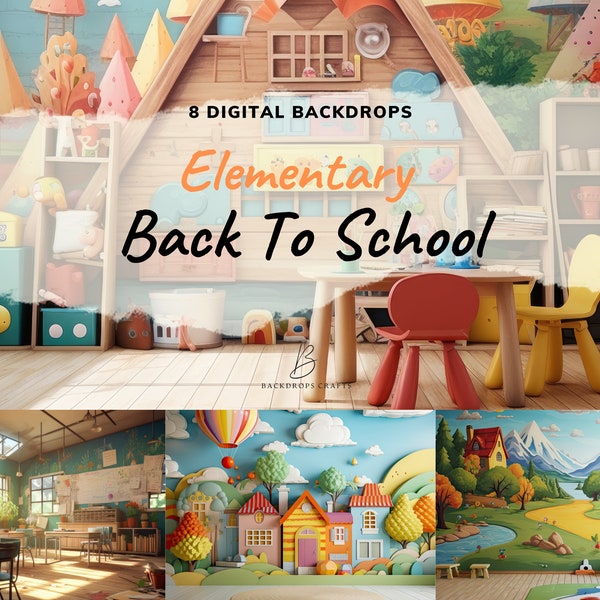 Back To School Digital Backdrops, Elementary Backgrounds For Children, 3rd Grade Classroom Photography Props Overlays, Studio Playground JPG