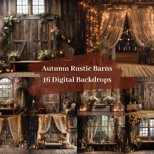 16 Autumn Inspired Rustic Barns, Cozy Digital Backdrops For Maternity Photography, Wedding Background Overlays, Studio Props, Warm Rooms JPG