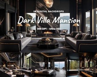 May include: A digital backdrop set featuring 16 images of a dark, luxurious villa mansion interior. The images showcase a living room with a fireplace, a bedroom with a king-size bed, and a bathroom with a bathtub. The images are 300 DPI and are perfect for creating realistic and elegant designs.
