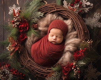 Christmas Newborn Digital Backdrop, Face Insert, Newborn Overlay, Photoshop Overlay, Studio Composite, Baby Basket, Newborn Photography