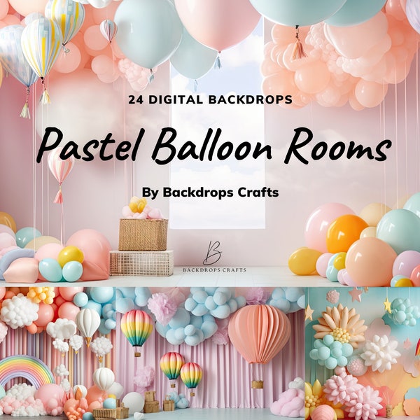 24 Pastel Balloons Rooms Digital Backdrops, Maternity Backdrop Overlays, Studio Backgrounds Overlay,  Photoshop Overlays, Birthday Backdrops