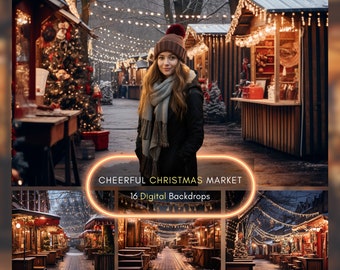16 Christmas Market Digital Backdrops Bundle, Christmas Photo Backgrounds For Photography, Bokeh Lights Overlays, Photoshop Studio Composite