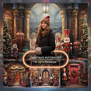 16 Christmas Nutcracker Digital Backdrops, Christmas Eve Backgrounds Bundle, Studio Overlays For Family Photography, Photoshop Composite JPG