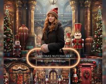 16 Christmas Nutcracker Digital Backdrops, Christmas Eve Backgrounds Bundle, Studio Overlays For Family Photography, Photoshop Composite JPG