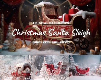 May include: Four digital backdrops featuring a red and gold Christmas Santa sleigh with white faux fur. The sleigh is set against a snowy winter scene with pine trees and a red velvet curtain.