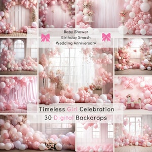 30 Pink And White Digital Backdrops, Balloons Arch Babydream, Girl Baby Shower, Digital Decor, Gender Reveal Birthdays, Maternity Overlays