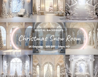 Digital Backdrops Christmas Snow Room, 16x Winter Holiday Background Bundle For Photography, Photoshop Overlays, Holiday Studio Portrait JPG