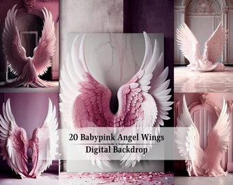 20 elegantes telón de fondo digital Babypink Angel Wings, fondos rosas, fondos de maternidad, fondos de fotografía, superposiciones digitales de Photoshop