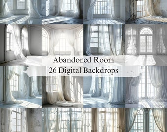 26 White Marble Room Digital Backdrops, White Abandoned Room Background for Wedding Portrait, Maternity Curtain Overlay, Photoshop Composite