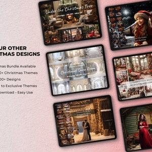 May include: A collection of digital Christmas backdrops featuring various scenes, including a snowy room, a Christmas tree, and a cozy living room. The backdrops are perfect for photographers and graphic designers looking to create festive images.
