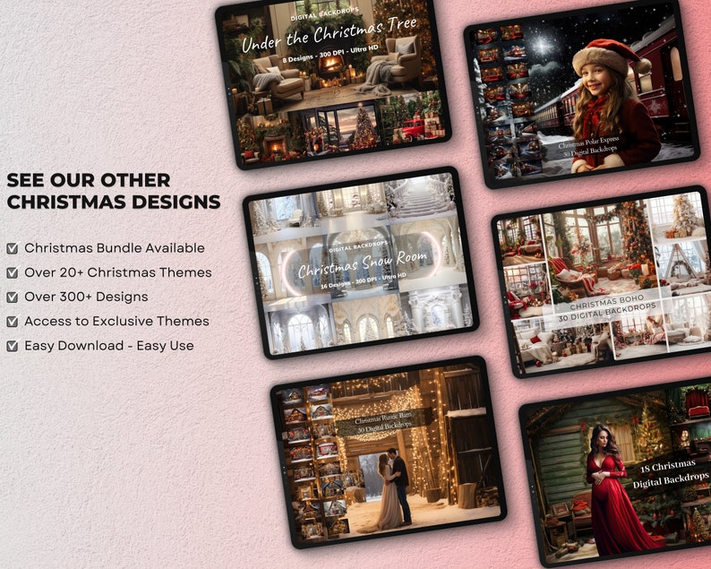 May include: A collection of digital Christmas backdrops featuring various scenes, including a snowy room, a Christmas tree, and a cozy living room. The backdrops are perfect for photographers and graphic designers looking to create festive images.
