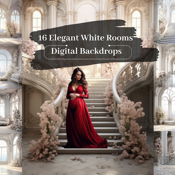 16 Digital Backdrops, Elegant White Room Backgrounds, Maternity Backdrop Overlays, White Studio Photography, Windowed Room, Staircase Props