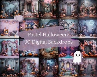 30 Pastelowych Halloweenowych Cyfrowych Tł, Straszne Kompozycje Tła Dla Dzieci, Straszne Urocze Nakładki Fotograficzne, Dynie, Nawiedzone Domy, JPG