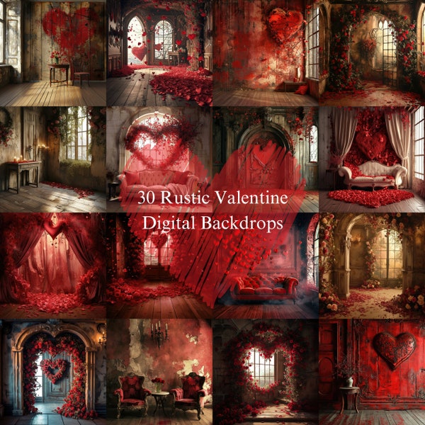 30 Valentine's Day Rustic Digital Backdrops, Romantic Interior Background, Lovely Maternity Photography, Photoshop Heart Overlays, Red Roses