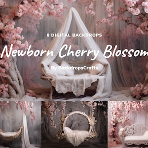 Newborn Digital Cherry Blossom Backdrops, 8 Newborn Digital Backgrounds, Sakura Tree Bench Templates Newborn Photography, Photography Studio