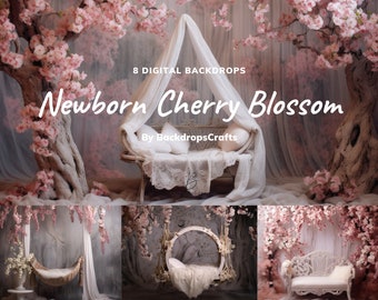 Newborn Digital Cherry Blossom Backdrops, 8 Newborn Digital Backgrounds, Sakura Tree Bench Templates Newborn Photography, Photography Studio