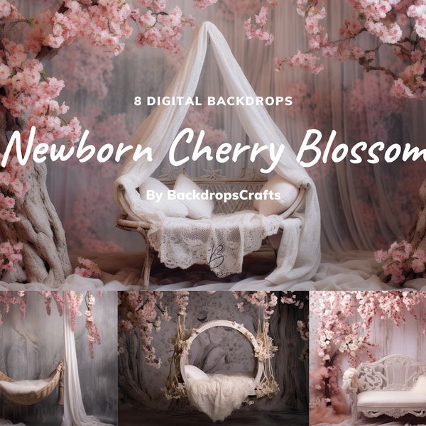 Newborn Digital Cherry Blossom Backdrops, 8 Newborn Digital Backgrounds, Sakura Tree Bench Templates Newborn Photography, Photography Studio