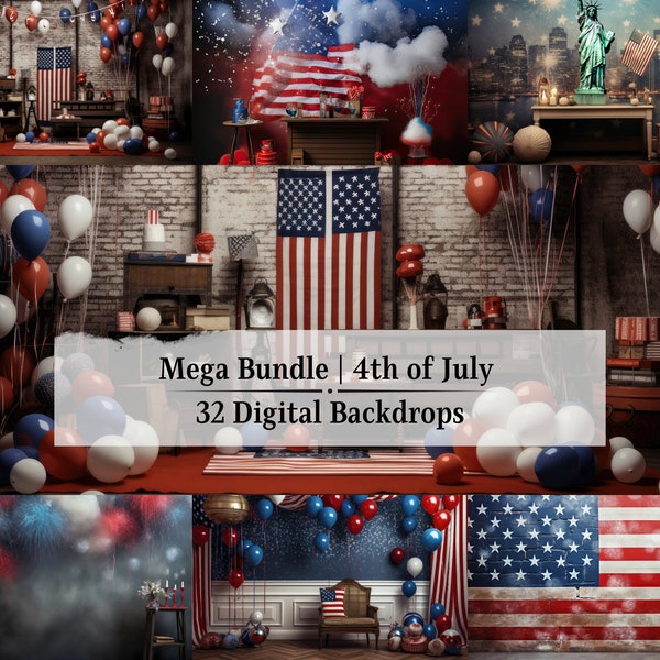 4th of July Digital Backdrops Mega Bundle Patriot Holiday Independence Day Backdrops Studio Backgrounds Overlay Blue White Red American Flag