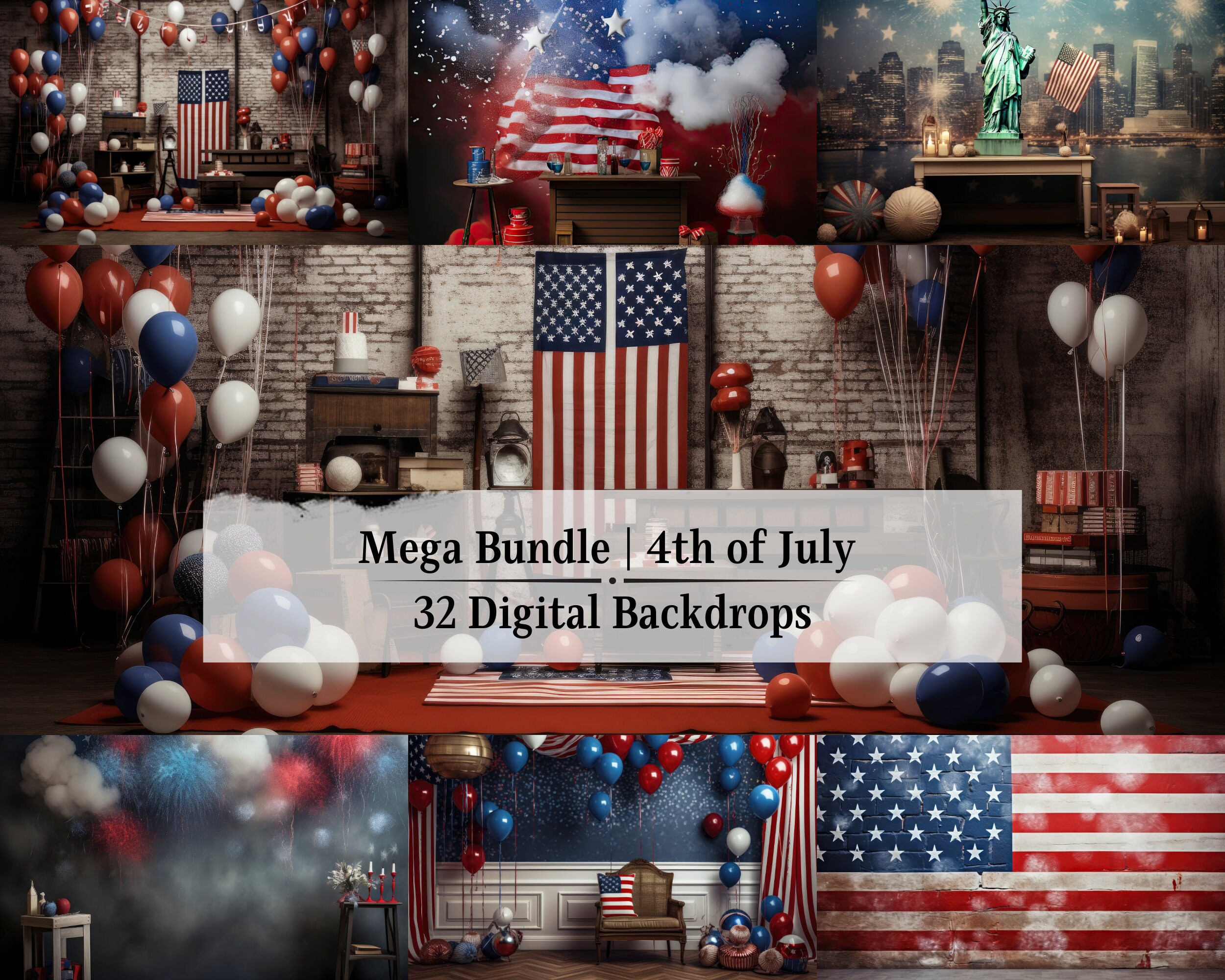 4th of July Digital Backdrops Mega Bundle Patriot Holiday Independence Day Backdrops Studio Backgrounds Overlay Blue White Red American Flag