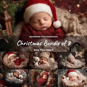 May include: A digital collage of eight images featuring a newborn baby in various Christmas-themed poses. The baby is wearing a variety of festive outfits, including a Santa hat, a knitted sweater, and a reindeer costume. The images are set against a backdrop of Christmas decorations, such as a wreath, a basket, and a snowy scene. The text "Christmas Bundle of 8" and "Easy Face Insert" is displayed on the collage.