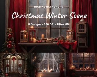 8 Christmas Digital Backdrops, Christmas Winter Scene Digital Background Overlays, Digital Handmade Gift Santa Claus Digital Room Background