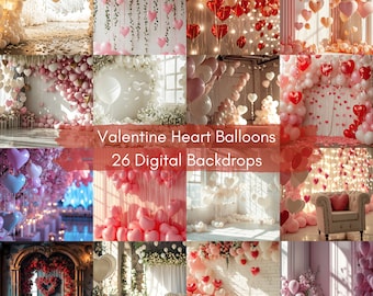 Valentine's Day Heart Balloons Digital Backdrops (26 JPG)