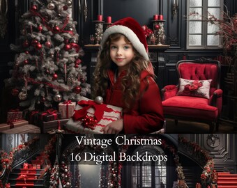 Vintage Christmas Portrait Backdrops For Photography, Dark And Moody Room Digital Background, Christmas Tree, Christmas Gifts, Decor Overlay
