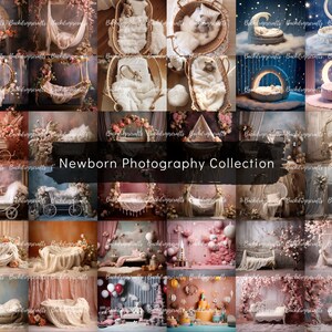 May include: A collection of 12 newborn photography backdrops featuring various themes and props, including a swing, a carriage, a crescent moon, a hoop, and a basket. The backdrops are designed to create a whimsical and magical atmosphere for newborn photos.