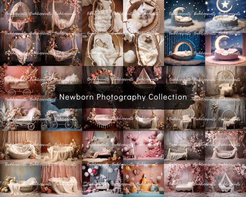 May include: A collection of 12 newborn photography backdrops featuring various themes and props, including a swing, a carriage, a crescent moon, a hoop, and a basket. The backdrops are designed to create a whimsical and magical atmosphere for newborn photos.