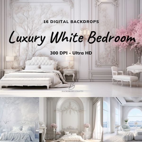 16 x Digital Backdrops, Luxury White Bedrooms Digital Backgrounds, Maternity Backdrop Overlays, Studio Backdrops, White Bedroom Interiors