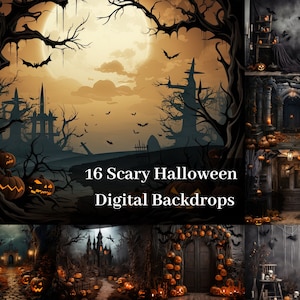 Op de afbeelding: Een set met 16 digitale Halloween-achtergronden. De scènes omvatten een spookhuis, een kerkhof, een griezelig bos en een heksenketel. De achtergronden zijn perfect om Halloween-foto's en -video's te maken.