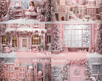 Pink Christmas Digital Backdrops For Photography, Whimsical Room Backdrop For Kids, Photo Composite Overlays, Baby Background, Princess Girl