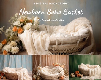 Newborn Boho Basket Digital Backdrops, 8 Boho Inspired Newborn Digital Backgrounds, Newborn Photography, Newborn Photography Studio Props