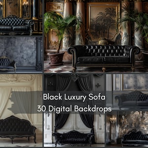May include: A collage of images showcasing a black luxury sofa in different settings. The sofa is upholstered in black leather with buttoned tufting and decorative wooden legs. The backgrounds include a grey wall, a white wall with curtains, and a room with gold columns and a painting of palm trees.